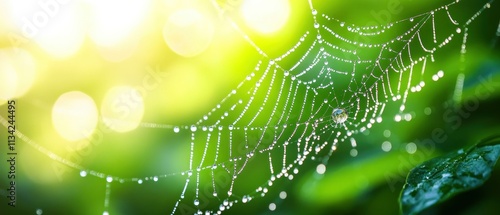 A close-up of a dew-covered spider web glistening in natural light among green foliage.