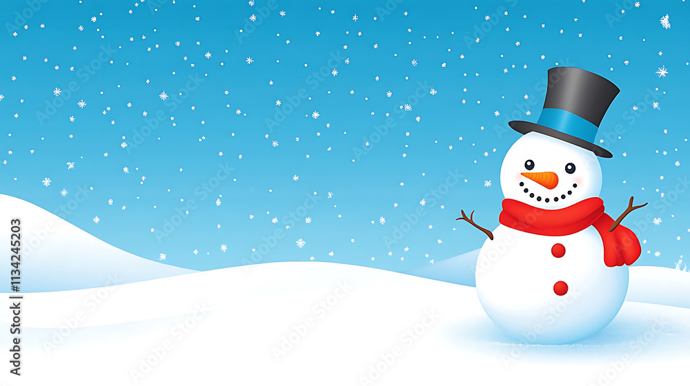A cheerful snowman with a carrot nose, wearing a bright red scarf and a top hat, surrounded by a snowy landscape under a clear blue sky A cheerful snowman with a carrot nose, wearing a bright red scarf and a top hat, surrounded by a snowy landscape under a clear blue sky