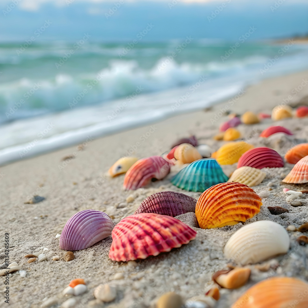 Obraz premium A macro shot of colorful seashells, showcasing intricate patterns and vibrant hues.