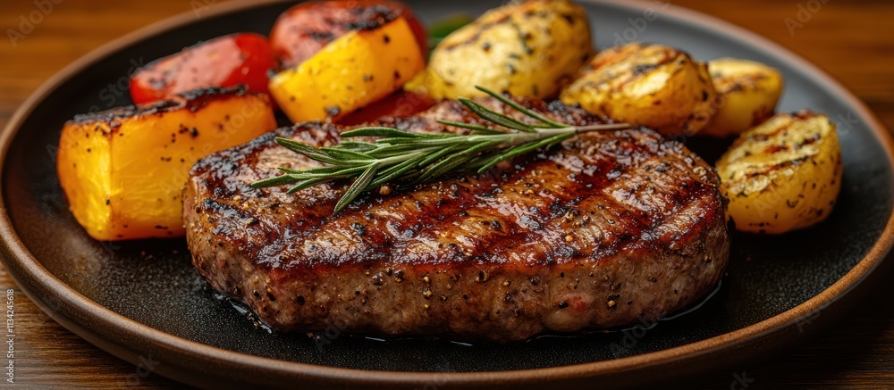 Grilled steak with rosemary, roasted potatoes, and bell peppers on a dark plate. Grilled steak with rosemary, roasted potatoes, and bell peppers on a dark plate.