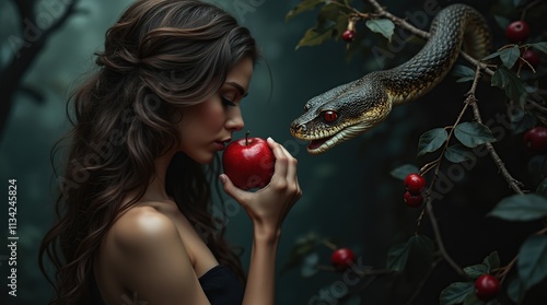 Enchanting Woman Holding Red Apple Beside Vigilant Snake in Forest photo