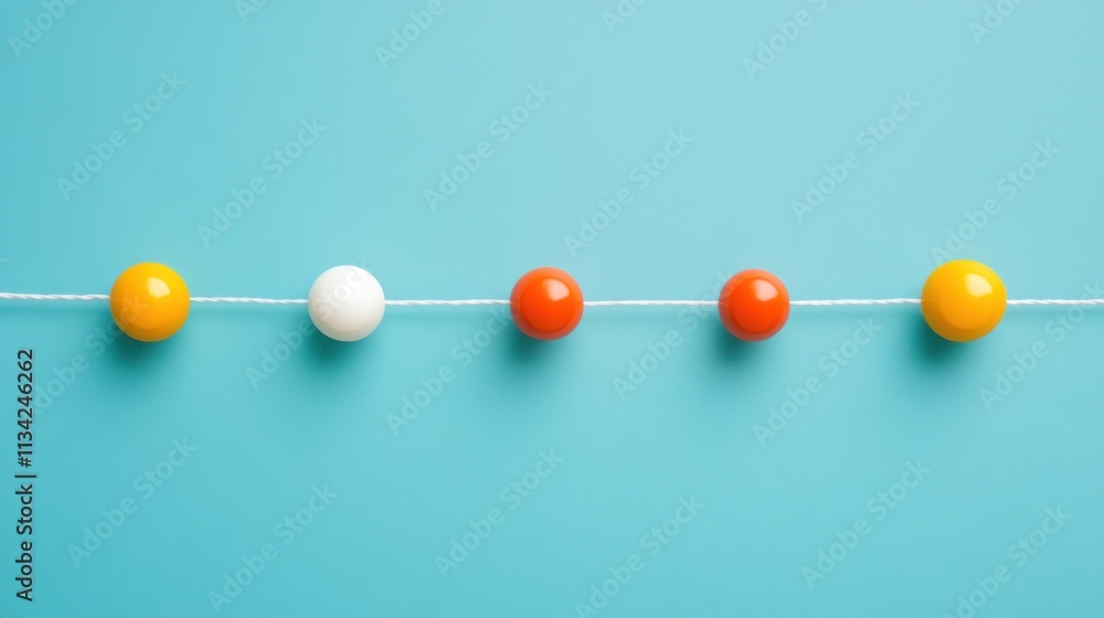 Obraz premium Colorful balls strung on a thread against a light blue background.