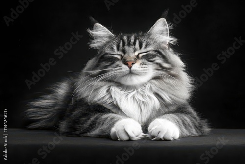 Beautiful Maine Coon Cat Relaxing with Eyes Closed on Dark Background