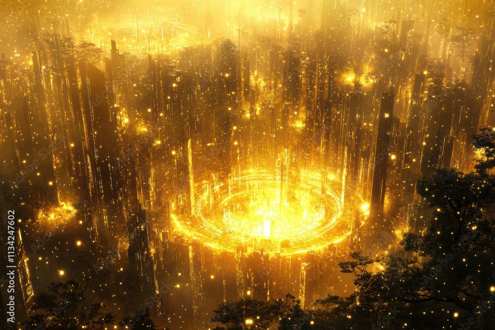 A sprawling golden city surrounded by a luminous halo, with radiant trees and cascading waterfalls blending seamlessly with glowing architecture, crafted through AI A sprawling golden city surrounded by a luminous halo, with radiant trees and cascading waterfalls blending seamlessly with glowing architecture, crafted through AI