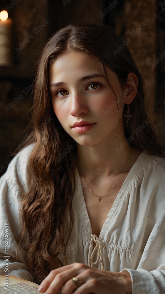 Biblical character, Girl praying with candle in medieval church, Religion concept, Biblical character, Girl praying with candle in medieval church, Religion concept,