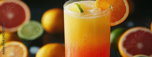 Fresh glass of orange juice with fruits, refreshing and healthy beverage photo