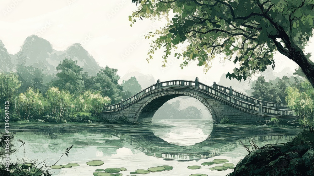 Fototapeta premium traditional village style chinese art green bridge over river with green tree, in the style of graphic design