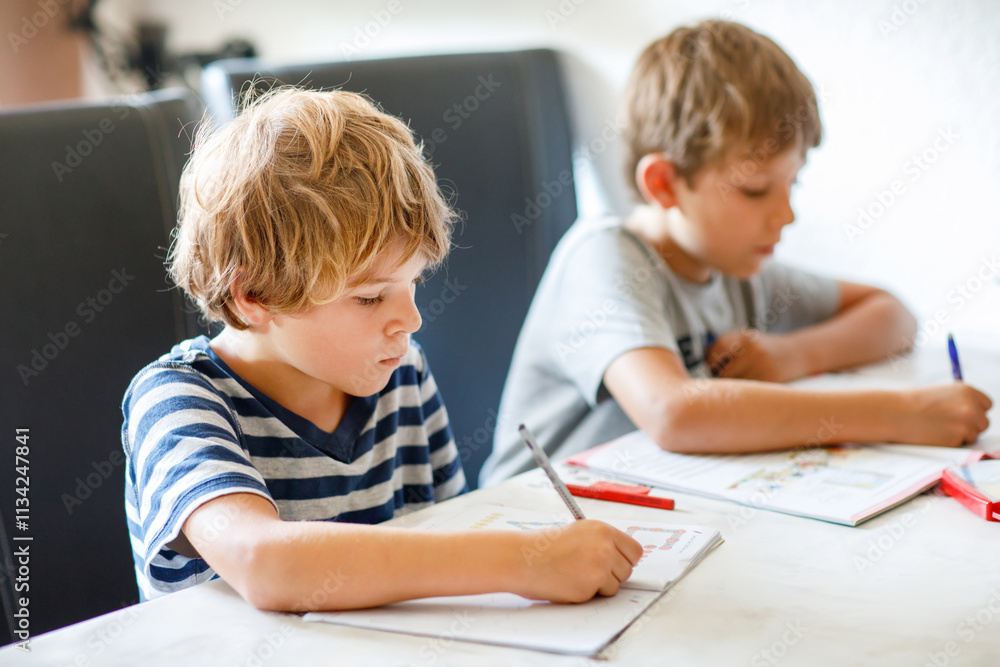 Two boys doing homework together. Brothers, siblings and twins learning at home. Elementary school students, children writing. Two boys doing homework together. Brothers, siblings and twins learning at home. Elementary school students, children writing.