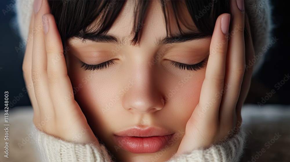 Peaceful Portrait of a Young Woman with Closed Eyes and Hands on Face in Cozy Knit Sweater Peaceful Portrait of a Young Woman with Closed Eyes and Hands on Face in Cozy Knit Sweater