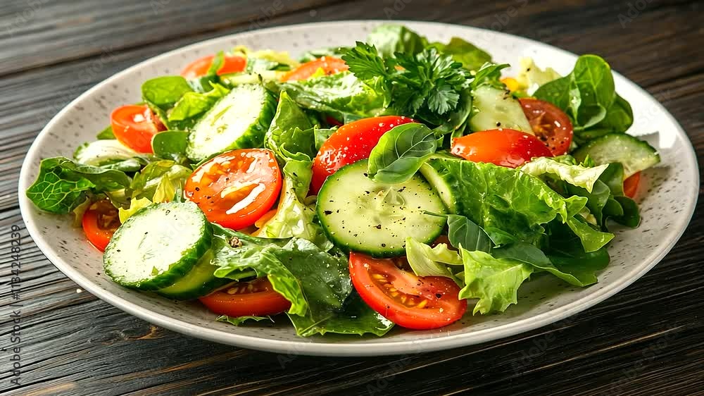 Fresh Vegetable Salad on Rustic Table with Olive Oil and Herbs Fresh Vegetable Salad on Rustic Table with Olive Oil and Herbs