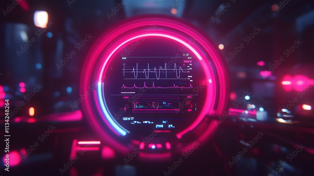 Futuristic pink and blue digital display showing heart rate monitor graph. Futuristic pink and blue digital display showing heart rate monitor graph.