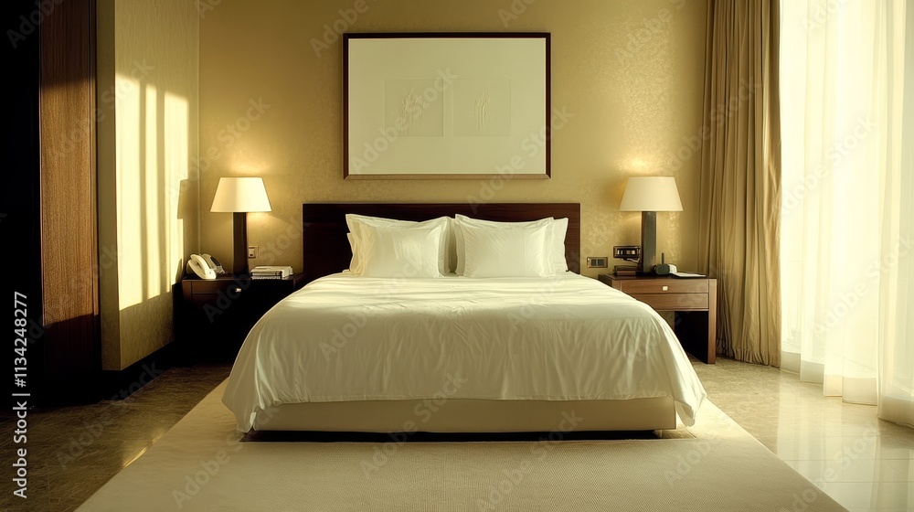 Elegant hotel bedroom with soft lighting and cozy ambiance Elegant hotel bedroom with soft lighting and cozy ambiance