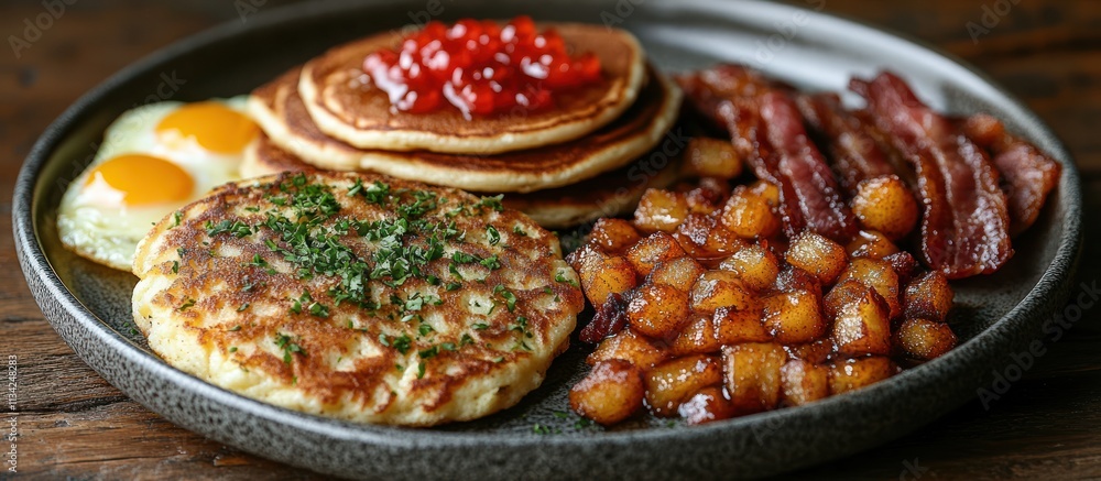 Delicious breakfast plate with pancakes, eggs, bacon, potatoes, and syrup. Delicious breakfast plate with pancakes, eggs, bacon, potatoes, and syrup.