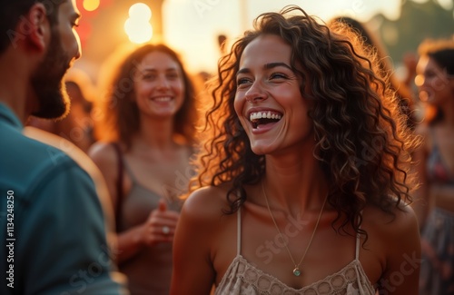 Happy people enjoy music and dance at outdoor event. Social gathering filled with joy and laughter. Group of friends and couples celebrate. Vibrant scene in the evening light.