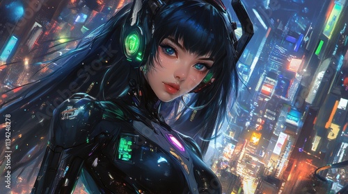 A striking portrait of a cyberpunk girl with neon-lit cybernetic implants, her sleek high-tech attire glowing with holographic details, set against a futuristic cityscape