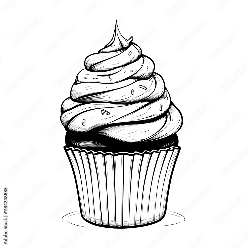 Black and White Illustration of a Delicious Cupcake with Swirled Frosting and Sprinkles on Top Black and White Illustration of a Delicious Cupcake with Swirled Frosting and Sprinkles on Top