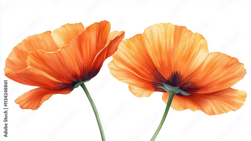 Vibrant orange poppy flowers in full bloom isolated on white background Vibrant orange poppy flowers in full bloom isolated on white background