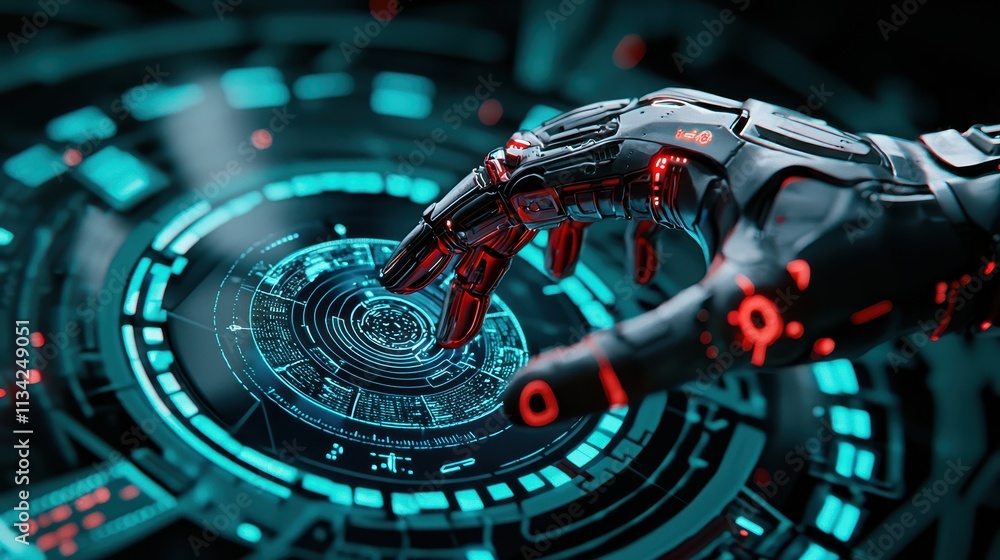 Fototapeta premium A futuristic robotic hand interacts with a glowing digital interface, showcasing advanced technology and intricate designs.