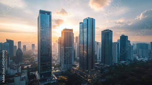 Stunning Urban Skyline at Sunset with Skyscrapers and Golden Light Reflecting Off Glass Windows