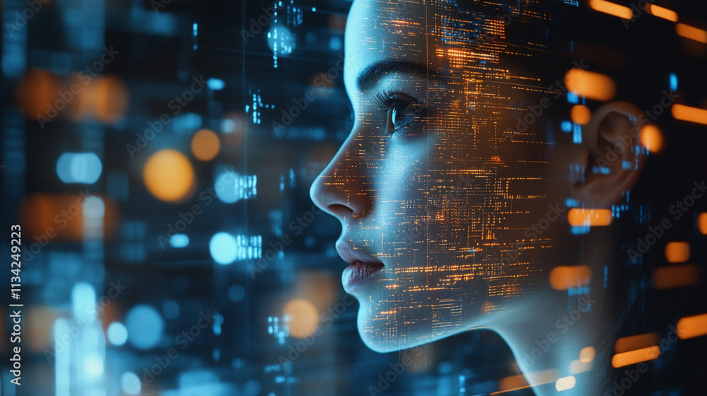 Profile of a Woman with Digital Data Projection, Futuristic Technology Concept and Cybernetic Elements Profile of a Woman with Digital Data Projection, Futuristic Technology Concept and Cybernetic Elements