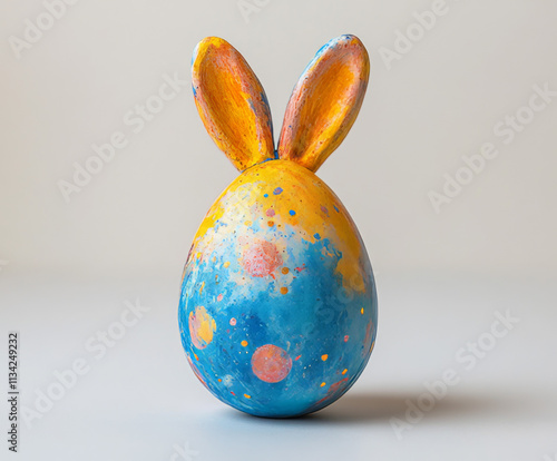 easter egg colord in bright blue and yellow on white background
 photo