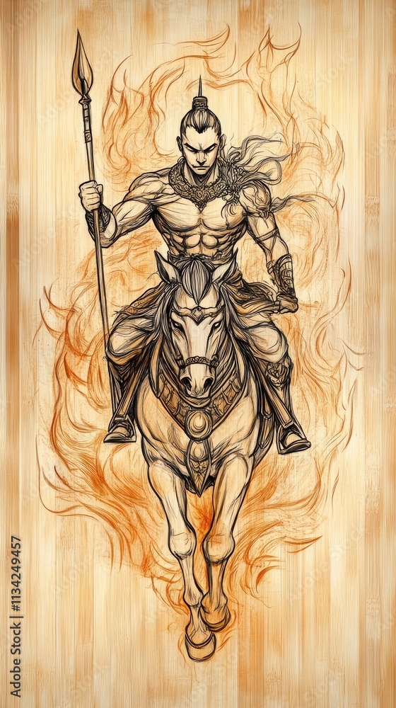 Dynamic Warrior on Horseback with Spear in Fiery Background, Showcasing Strength and Valor in Detailed Artistic Illustration Dynamic Warrior on Horseback with Spear in Fiery Background, Showcasing Strength and Valor in Detailed Artistic Illustration