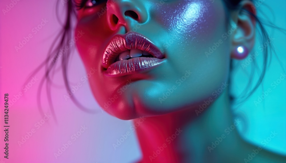 Close-up shot of woman lips with metallic lipstick. Vibrant purple, teal backdrop. Studio photo with neon light effect. Glossy pink lip gloss. Fashion magazine style. Model poses in modern studio. Close-up shot of woman lips with metallic lipstick. Vibrant purple, teal backdrop. Studio photo with neon light effect. Glossy pink lip gloss. Fashion magazine style. Model poses in modern studio.