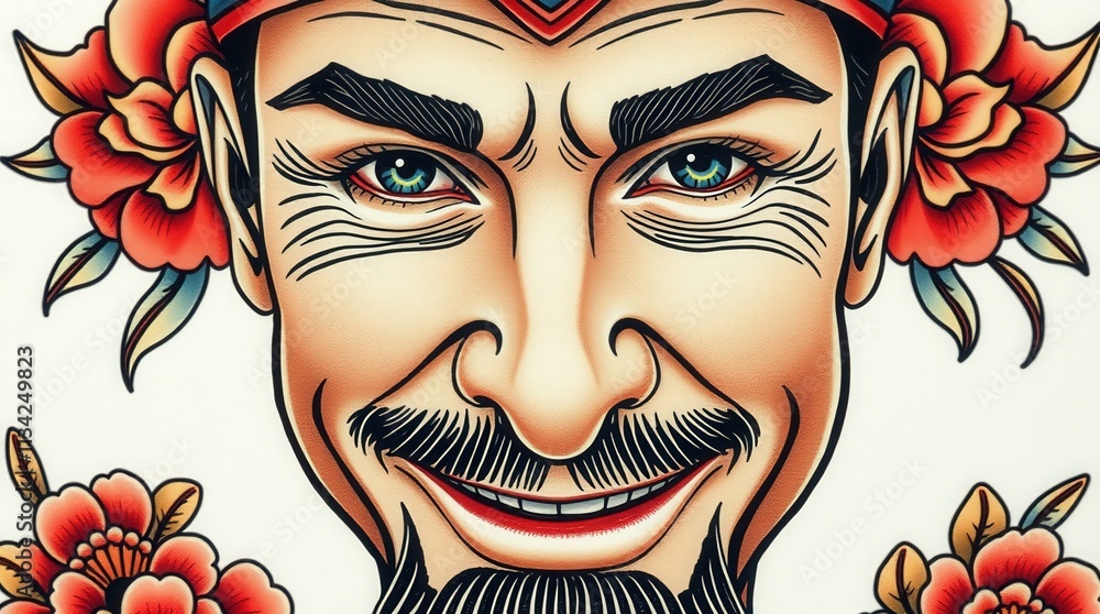 Naklejka premium Vibrant portrait of a smiling man with floral decorations and artistic details