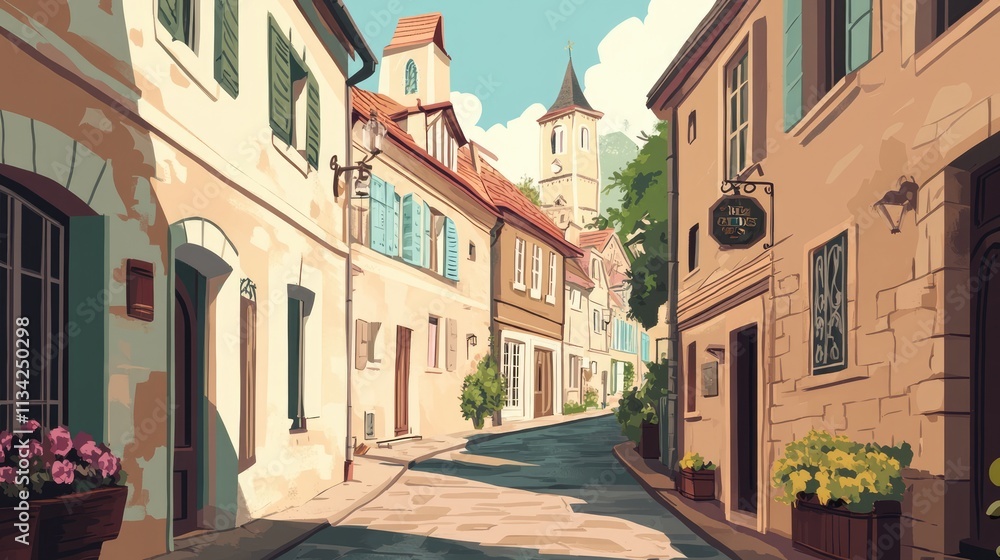Obraz premium Transport yourself to a charming European village with this old-town illustration. The artwork showcases traditional architecture and narrow streets in a picturesque setting.