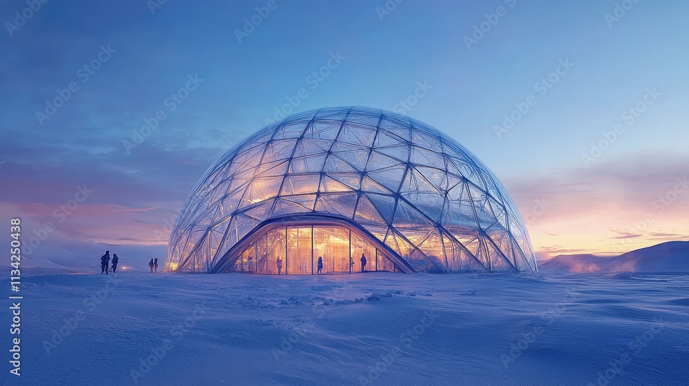 A futuristic glass dome with a transparent, lattice-like framework, glowing softly under the evening sky A futuristic glass dome with a transparent, lattice-like framework, glowing softly under the evening sky