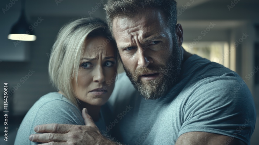 Intense Couple Reacting to Fearful Situation in Dimly Lit Room Intense Couple Reacting to Fearful Situation in Dimly Lit Room