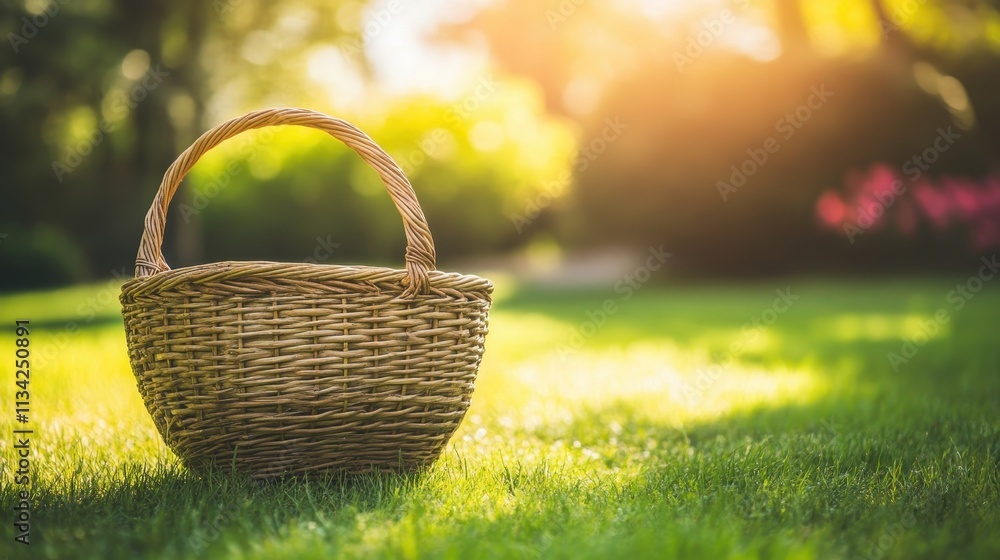 Wicker basket on a grassy lawn in sunlight. Wicker basket on a grassy lawn in sunlight.