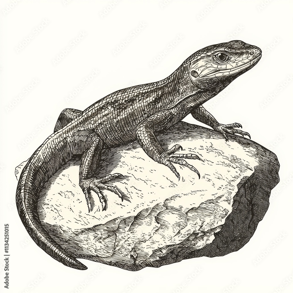 Naklejka premium A detailed illustration of a lizard perched on a rock, showcasing its textured skin and distinct features in an artistic black-and-white style.