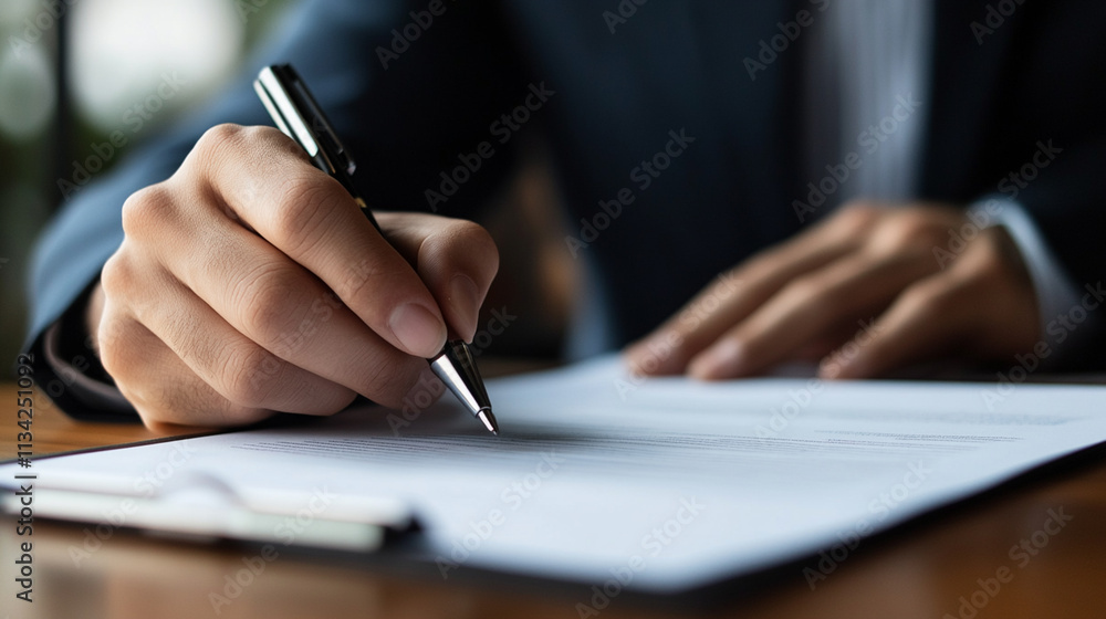 Business Person Signing Document with Pen on Table in Modern Office Environment Business Person Signing Document with Pen on Table in Modern Office Environment