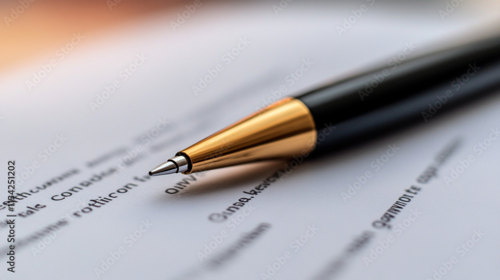 Elegant Black Pen Resting on Document with Text and Soft Blurry Background for Business and Writing Themes Elegant Black Pen Resting on Document with Text and Soft Blurry Background for Business and Writing Themes
