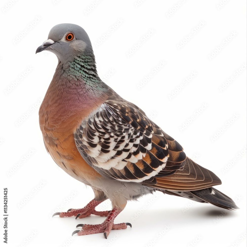 Naklejka premium Common pigeon with colorful feathers standing on a white background
