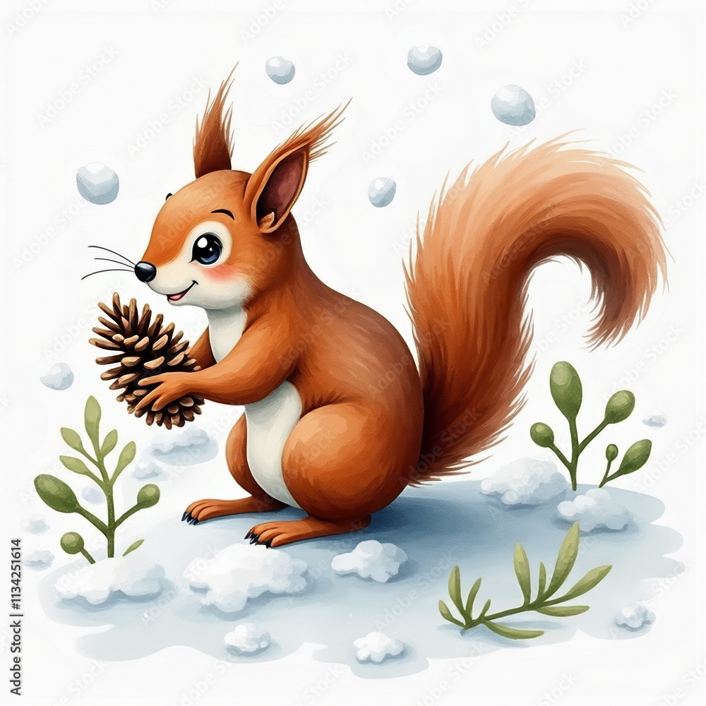 Fototapeta premium Cute cartoon squirrel holding pinecone in snowy scene