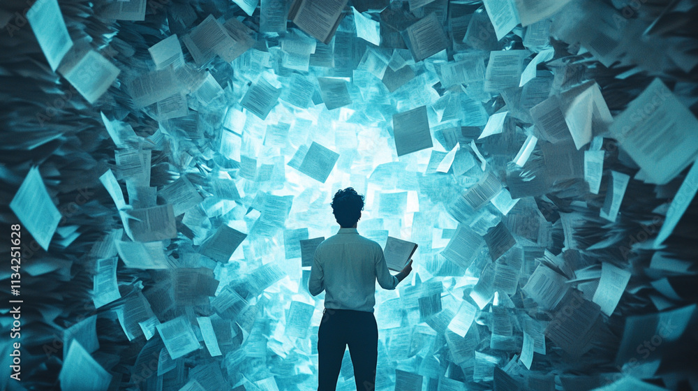 Man Surrounded by Flying Papers Symbolizing Chaos and Information Overload in a Dynamic Environment