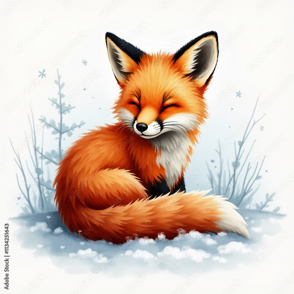 Fototapeta premium Cute smiling fox in snowy winter scene