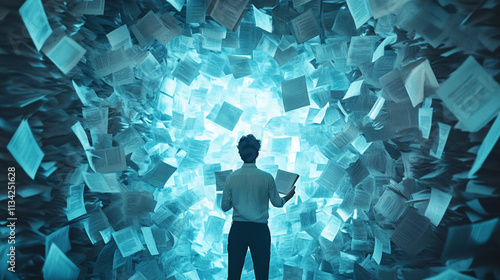 Obraz na płótnie Man Surrounded by Flying Papers Symbolizing Chaos and Information Overload in a Dynamic Environment w salonie