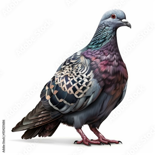 Illustration of a pigeon with colorful feathers standing on a white background photo