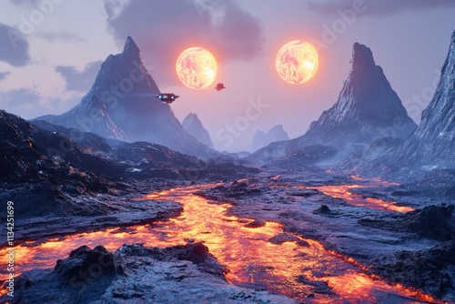 An alien landscape with jagged mountains, rivers of glowing lava, and a sky filled with twin suns and hovering alien spacecraft. Vibrant and surreal sci-fi world