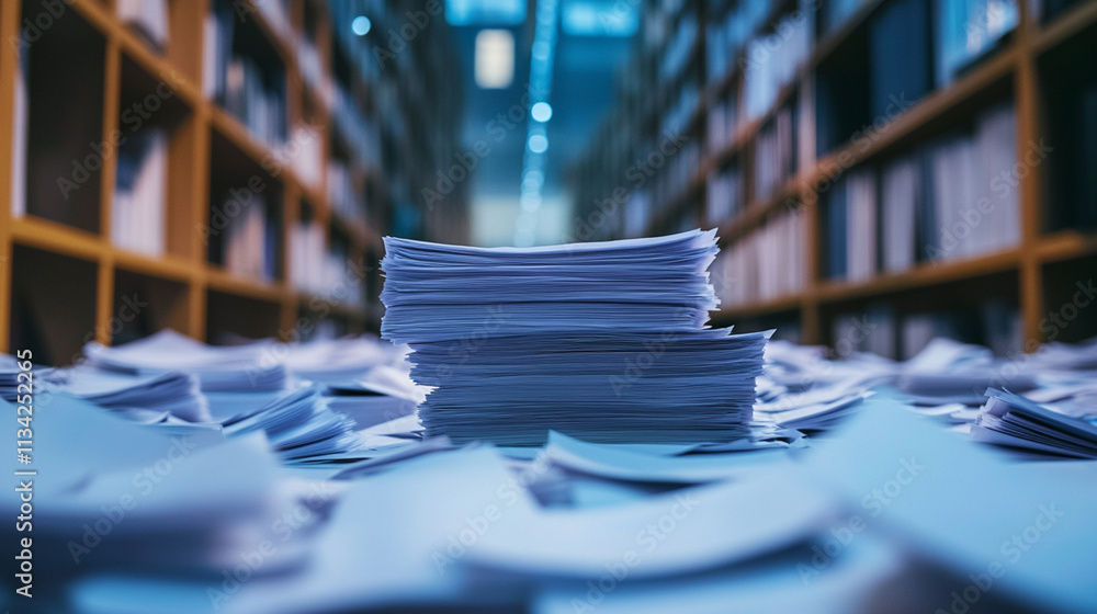 Stacks of Paper Surrounded by Disorganized Sheets in Brightly Lit Modern Library Environment Stacks of Paper Surrounded by Disorganized Sheets in Brightly Lit Modern Library Environment