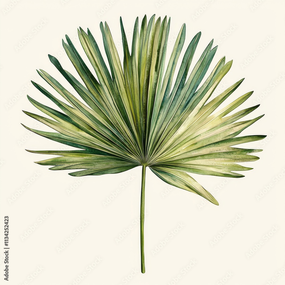 A detailed illustration of a fan-shaped palm leaf, showcasing vibrant green hues and intricate patterns. A detailed illustration of a fan-shaped palm leaf, showcasing vibrant green hues and intricate patterns.