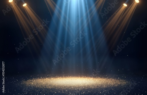 Dark blue stage with golden spotlight lines, glitter texture. Award ceremony setting. Elegant glamour background. Great for premium products events. Gold glitter highlights stage area. Perfect for © Pete