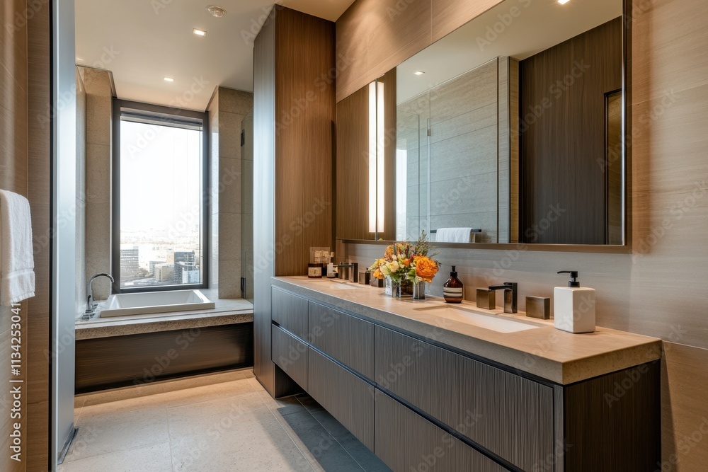 A bathroom with a large mirror and a bathtub A bathroom with a large mirror and a bathtub