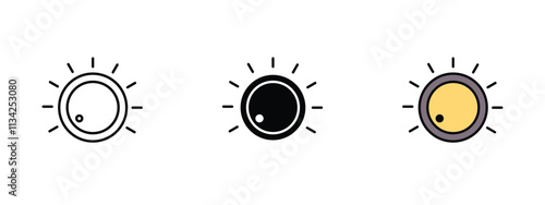 Set of 3 "Knob" icons with 1 line, 1 silhouette n 1 colored icon with an unexpanded vector inside - Knob icon circular design for UI/UX controls audio setting volume adjustment dashboard control panel
