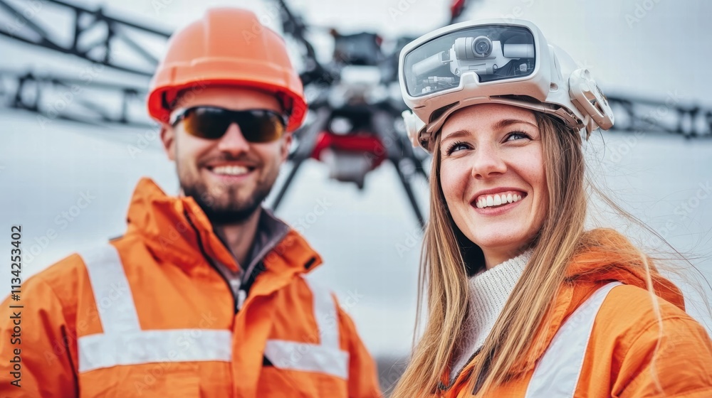 Smiling Technicians with Drone at Construction Site for Aerial Survey Smiling Technicians with Drone at Construction Site for Aerial Survey