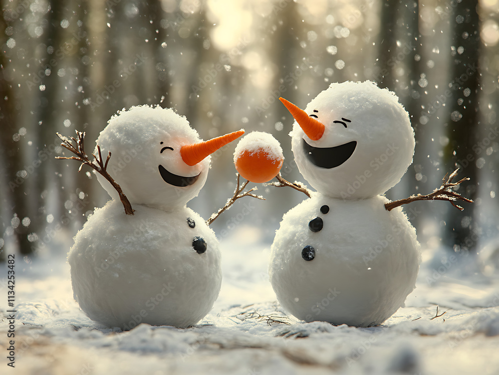 Two snowmen with carrot noses engaged in a snowball fight, laughter expressed through playful poses, set in a snowy forest Two snowmen with carrot noses engaged in a snowball fight, laughter expressed through playful poses, set in a snowy forest