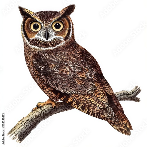 A detailed illustration of an owl perched on a branch, showcasing its large eyes and intricate feather patterns. photo